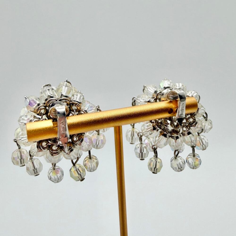 VTG VOGUE Rare Vintage 1960's Glass Crystal Aurora Borealis Waterfall Earrings - Picture 4 of 16